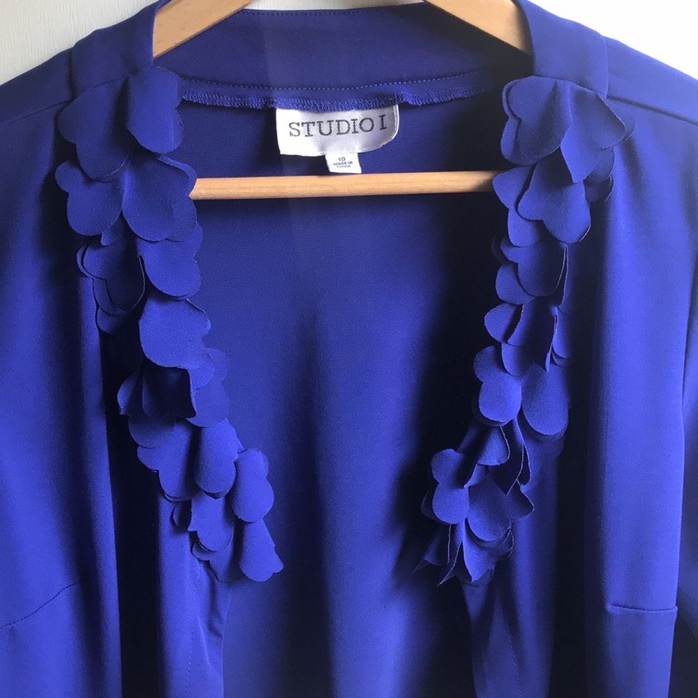 Studio I Royal Blue Shrug Bolero Floral Appliqués lapel hook eye closure sz 10 - Picture 6 of 14